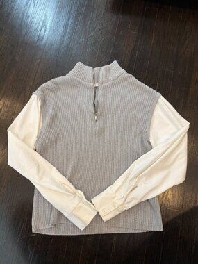 Zara Ribbed Half-Zip Sweater with Poplin Sleeves | Gray | Size M